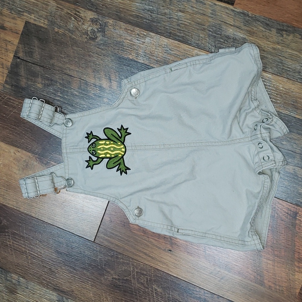 Circo Khaki Short Overalls with Green and Yellow Frog Applique, Size 12 Months